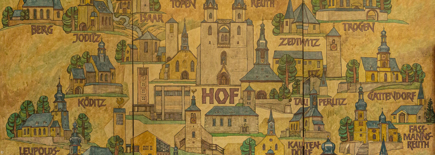 Historische Landkarte mit stilisierten Gebäuden und Ortsnamen wie Hof, Joditz, Köditz und Leupolds, dargestellt in warmen Erdtönen.