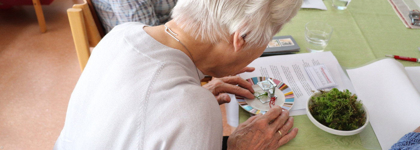 Eine ältere Frau mit weißem Haar sitzt am Tisch und betrachtet eine Farbpalette.