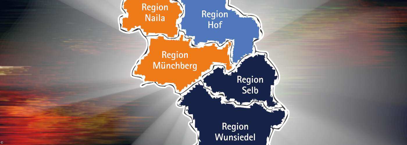 Karte mit farblich hervorgehobenen Regionen Naila, Münchberg, Hof, Selb und Wunsiedel
