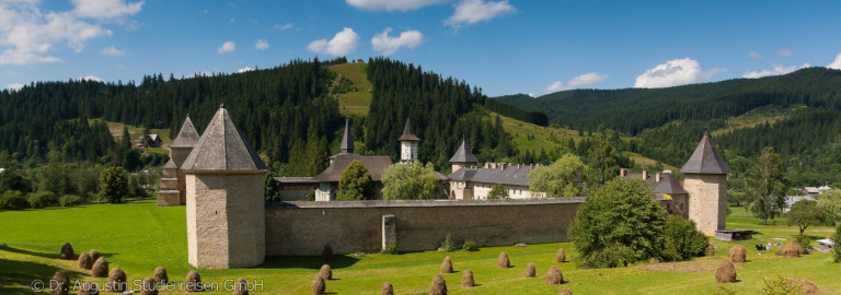 Burganlage mit vier runden Türmen und Wehrmauer vor bewaldeten Hügeln unter blauem Himmel