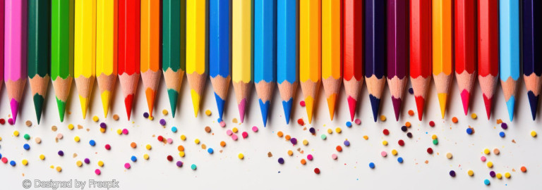 Reihe bunter Buntstifte mit angespitzten Spitzen und verstreuten Farbstückchen darunter