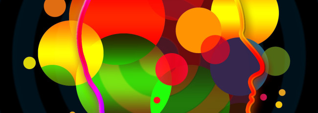 Bunte, überlappende Kreise mit einem stilisierten Gesichtsprofil in Seitenansicht, mit pinker und roter Kontur, vor dunklem Hintergrund.