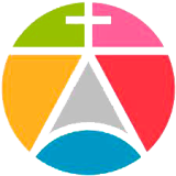 Logo des Evangelischen Bildungszentrums Bad Alexandersbad mit farbigen Segmenten in Kreisform und einem grauen Dreieck in der Mitte