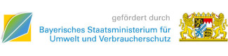 Links ein stilisiertes Blatt in Blau, Grün und Gelb, daneben der Schriftzug 'gefördert durch Bayerisches Staatsministerium für Umwelt und Verbraucherschutz' in Blau und rechts das bayerische Staatswappen mit zwei goldenen Löwen.
