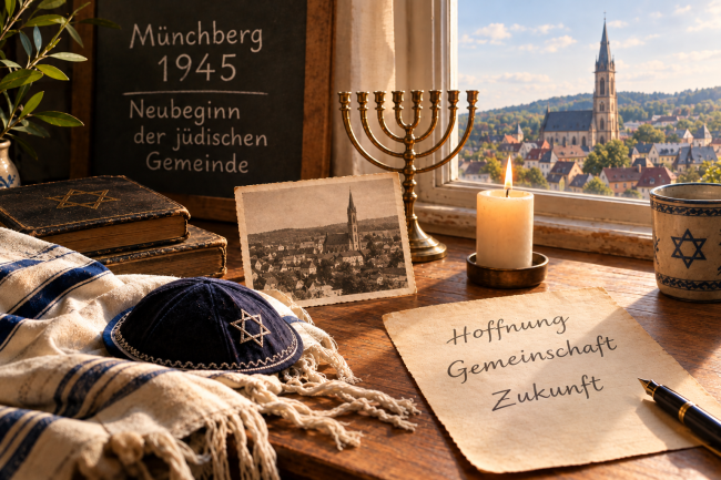 zeigt einen Fensterausblick über Münchberg und jüdische Objekte